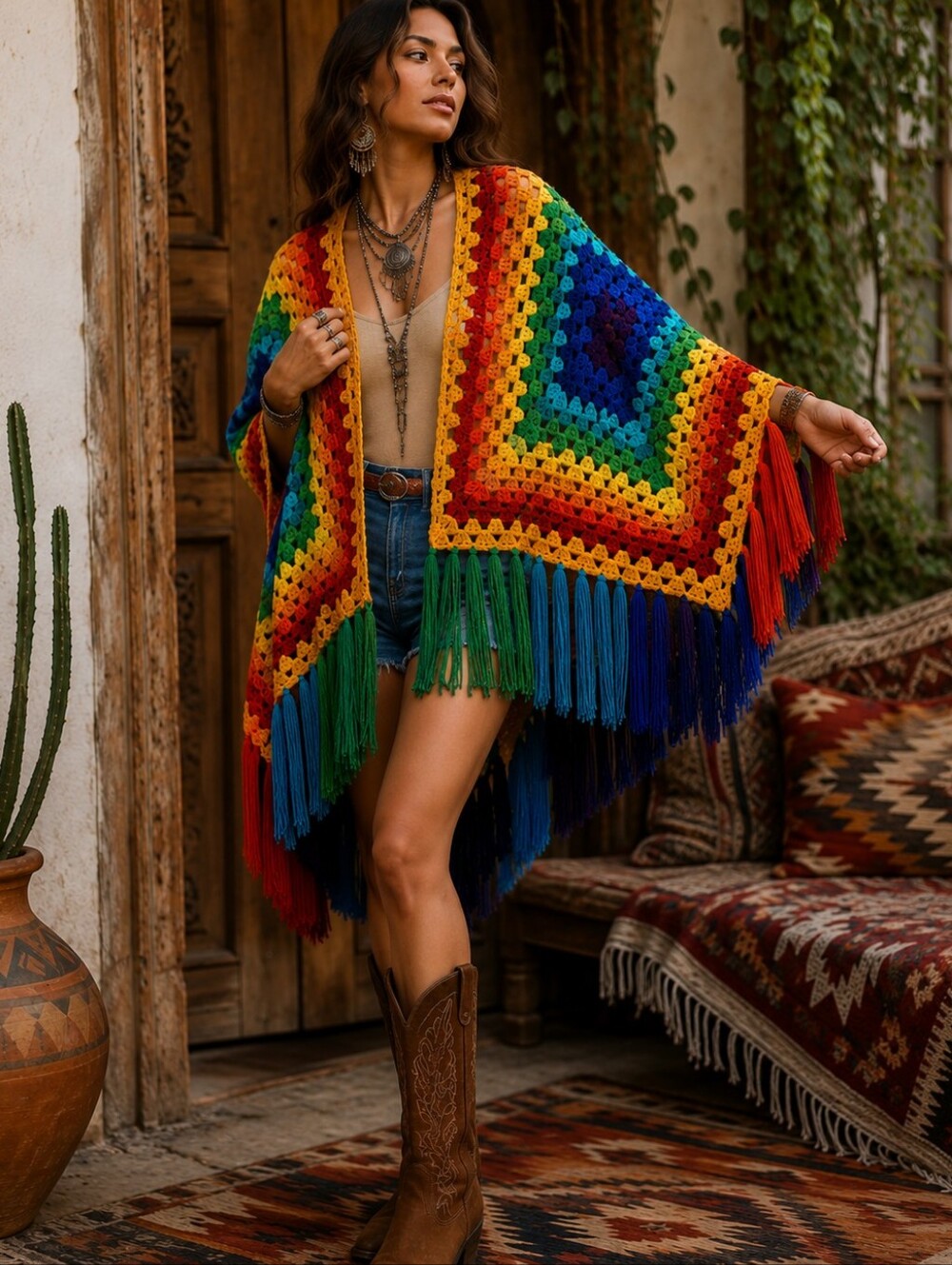 Boho Rainbow Crochet Ruana | Vintage Granny Square Fringe Shawl Wrap
